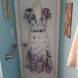 Donna Karan White High-Low Floral Wrap Dress with Blue & Pink Accents